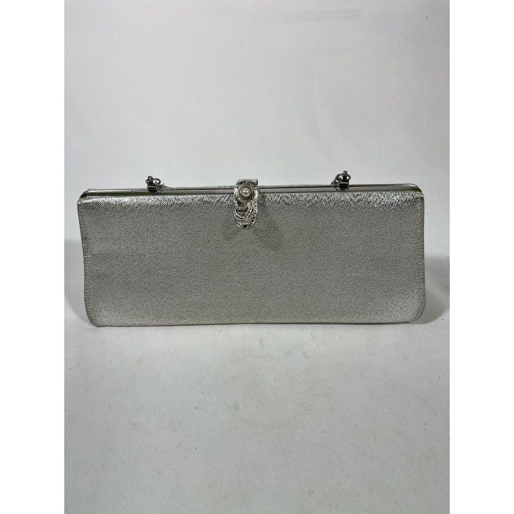 VTG Sparkling Silver‎ Evening Clutch Purse W/Pearl Embellishment and Chain Strap
